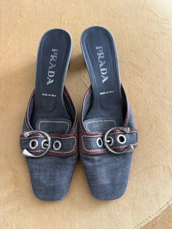 Vintage Prada Denim and Brown Leather Buckle Mules - Picture 7 of 7